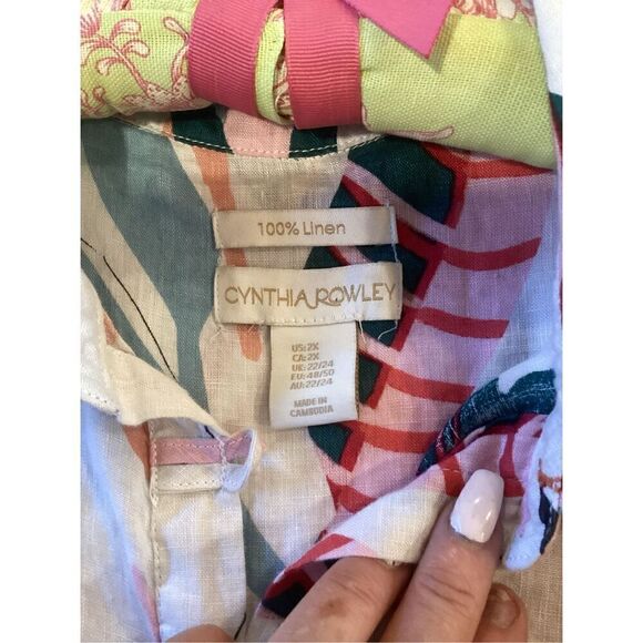 Cynthia Rowley 100% Linen Top Tunic Sz 2X Roll Tab Sleeve Tropical - Picture 4 of 10